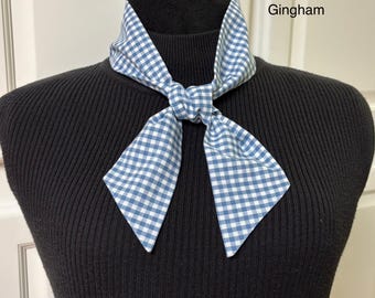 Short 35-1/2” x 2.5” Skinny Cotton Scarf,  Denim Blue Gingham Cotton Headband, Ponytail Scarf, Hair Tie, Hat Scarf, Headband, Non-Slip Cott
