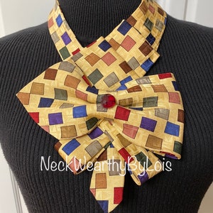 Tan Multi Color Silk Necktie Bow Necklace, Repurposed Necktie, Statement Necklace, Woman&#39;s Business or Casual Necktie, Wearable Art, Gift