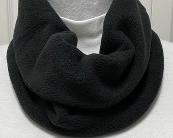 Black Infinity Cowl Scarf, Pull Over One Loop Neck Scarf, Fleece Tube Gaitor Scarf, Two-Layer Fleece Turtle Neck