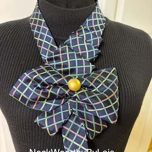 Multicolor on Black Repurposed Silk Necktie Bow, Adjustable Statement Necklace, Woman&#39;s Necktie Scarf, Wearable Art, Gift for Lady