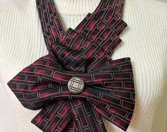 Black, Red Bow Silk Necktie Statement Necklace, Adjustable Woman's Necktie Scarf, Wearable Art, Repurposed Necktie