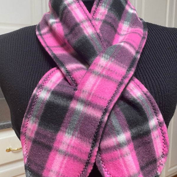Pink Black Plaid Scarf, Reversible with Black Solid, Pull-Through, Small Double-Layer Fleece Scarf, Short Warm Winter Scarf,