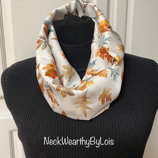 White, Rust, Gold, Autumn Leafy Infinity Double Loop Scarf, Circle Scarf, Silky Cowl Scarf, Gift for Lady