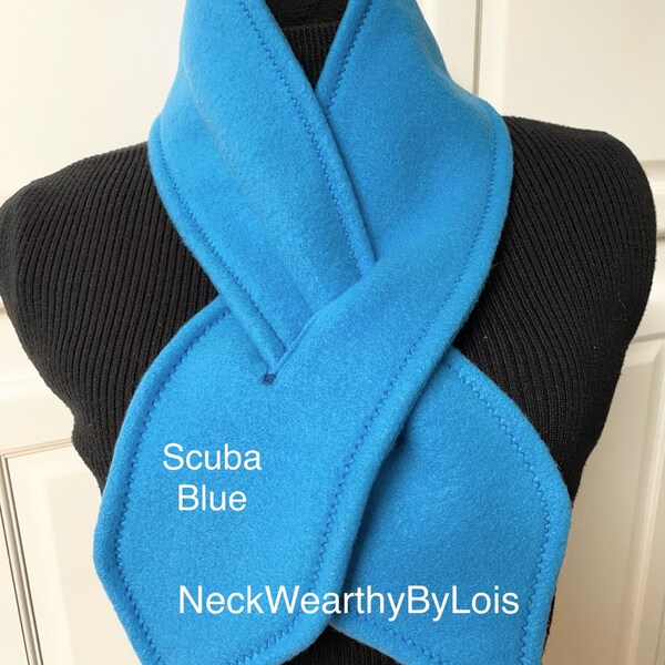 Blue - Scuba Blue Neck Warmer Scarf, Keyhole Pull Through Fleece Scarf, Short Warm Winter Scarf for Man, Woman, Teen