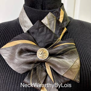 Dark Olive, Black Repurposed Silk Necktie Bow, Adjustable Statement Necklace, Woman&#39;s Necktie Scarf, Wearable Art, Gift for Lady