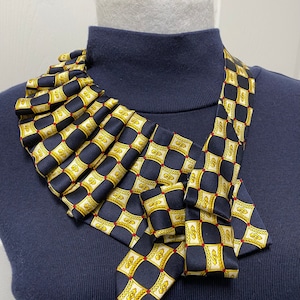Gold and Navy Blue Necktie Necklace, Collar Scarf, Repurposed Necktie, Statement Necklace, Wearable Art, Gift