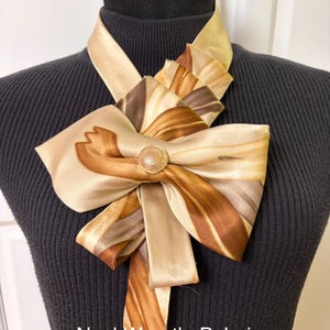 Tan and Brown Necktie Bow Necklace, Adjustable Repurposed Vintage Necktie, Statement Necklace, Woman&#39;s Necktie, Wearable Art, Gift