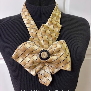 Camel Tan, Black Repurposed Silk Necktie Bow, Adjustable Statement Necklace, Woman&#39;s Necktie Scarf, Wearable Art, Gift for Lady