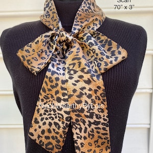 Leopard Print Scarf, 70” x 3”, Fall Animal Print Narrow Scarf, Sash, Ascot, Headscarf, Bow Scarf, Choker Tie, Gift for Her