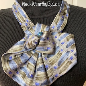 Blue Gray Green Necktie Necklace, Repurpused clothing, Statement Necklace, Rosette Necktie Scarf, Wearable Art, Gift for Lady