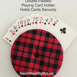 Red Black Plaid, Double-Padded Fabric Playing Card Holder, Holds 20+ Cards Securely, Kids, Folks with Small Hands, Arthritis, & Handicaps