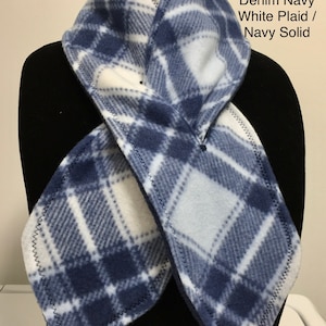 Blue Denim Fleece Scarf, Reversible Scarf, Short Winter Scarf, Blue Plaid Scarf, Keyhole Scarf