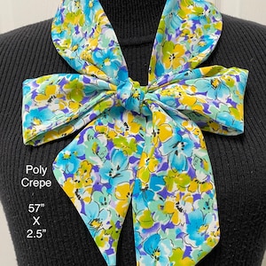 Blue Floral Skinny Scarf, 57”x 2.5” Narrow Crepe Scarf, Sash, Ascot, Headscarf, Bow Scarf, Choker Tie, Gift for Her