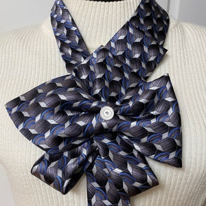 Black, Gray, White, Blue Necktie Necklace, Bow Necklace, Repurposed Necktie, Statement Necklace, Woman&#39;s Necktie, Wearable Art, Gift