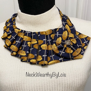 Gold Navy Necktie Collar Necklace, Fabric Necklace, Repurposed Necktie, Fabric Statement Necklace for Woman, Wearable Art, Gift