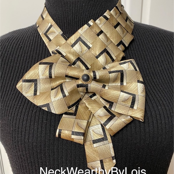 Tan, Taupe, Black Bow Necklace, Repurposed Necktie, Adjustable Length Bow Statement Necklace, Women Corporate Fashion