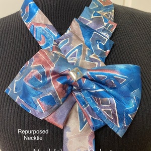 Blue Repurposed Necktie, Bow Necktie Statement Necklace, Woman&#39;s Necktie Scarf, Wearable Art, Gift for Lady