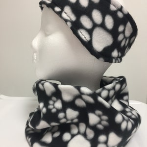 Cowl Pull-Over Neck Warmer and Ear Warmer Set, Black and White Paws, Double-Layer Fleece, Warm Winter Accessory for Animal Lover
