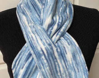 Blue White Fleece Scarf, Same Pattern Both Sides, Pull-Through Short Winter Scarf, Small Scarf for Man, Woman, Teen