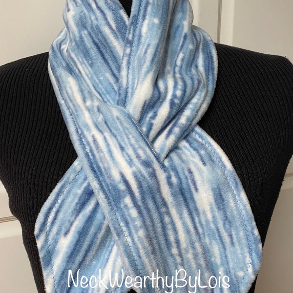 Blue White Fleece Scarf, Same Pattern Both Sides, Pull-Through Short Winter Scarf, Small Scarf for Man, Woman, Teen