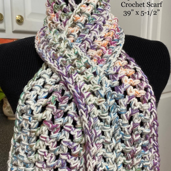 Crochet Keyhole, Pull-Through Scarf, Sunset Colors, Short 3 Season Scarf, Gift, 39 x 5-1/2 inches