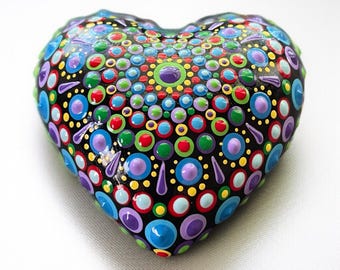 Hand Painted Cement Heart Stone, Mandala Dotted Art Decor