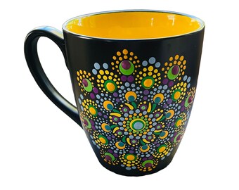 Mandala dot art ceramic coffee mug, hand painted multicolored coffee cup