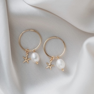 Brincos grandes de argola de pérola com pingente de estrela do mar • Cheios de ouro 14k • ISLA