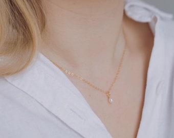 Dainty gold necklace with small pearl pendant • 14k gold filled • JULES