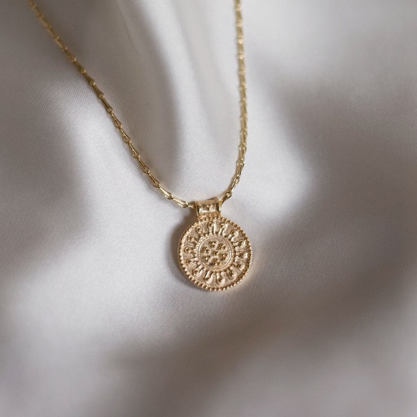 Gold necklace with coin pendant • Ear chain • 18k thick gold plated