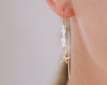 Pearl Starfish Earrings Hanging Gold • 14k Gold Filled • MERLIAH