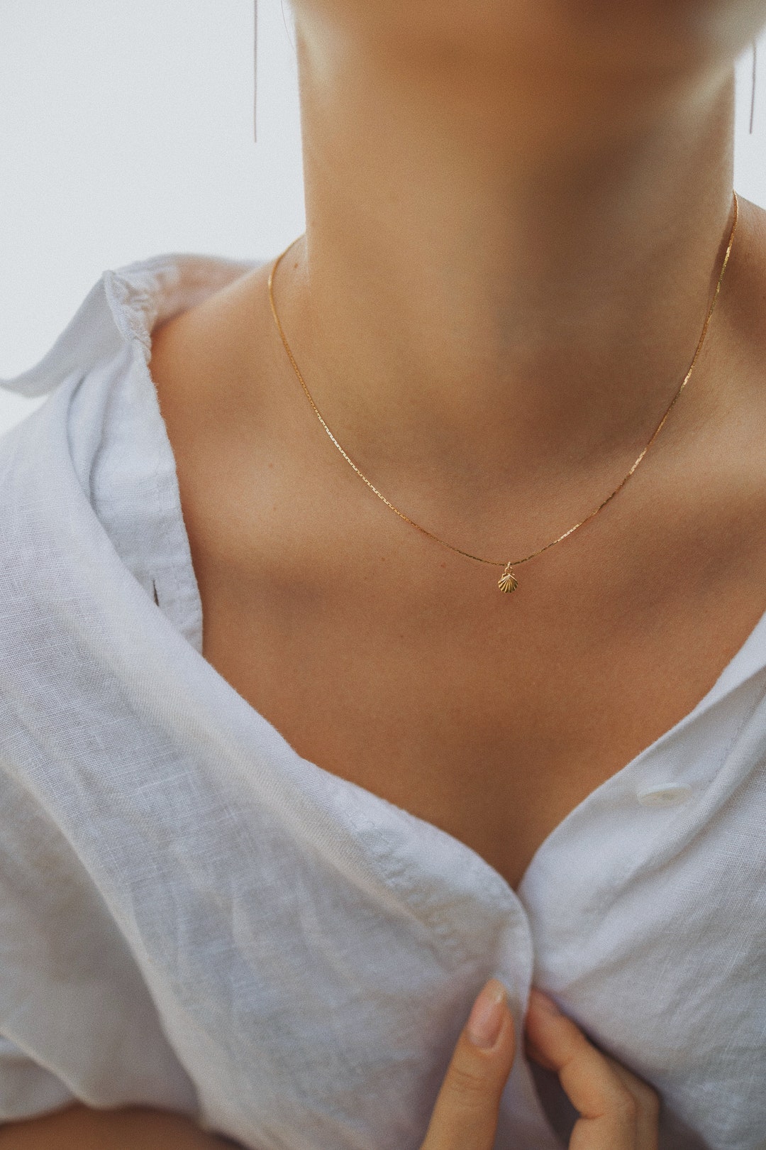 Delicate Gold Chain With Shell Pendant • Dainty Gold Chain
