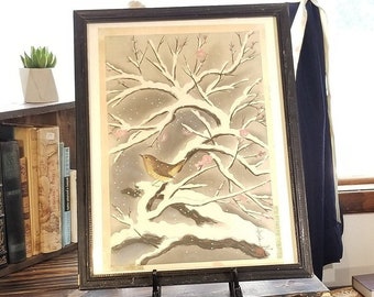 Framed 1949 First Japanese Woodblock Printing of "Bird on Snowed Cherry Tree" Signed by Artist Bakufu Ohno, Printed in Oban Size on O-bosho