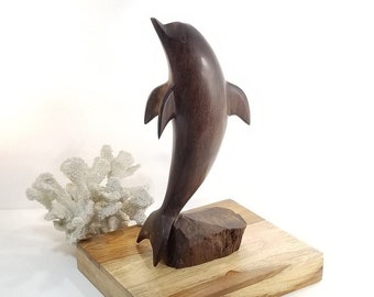 Vintage Handcrafted Ironwood 12" Dolphin Sculpture, Maritime Nautical Decor, Marine Life Sculpture, Beach Boho Style