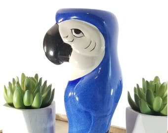 Hand painted Blue Black and White Parrot Bird Ceramic Vase; Costal Tropical Decor
