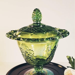 Green Iridescent Glass Grape Glass Berry Bowl with Lid and Pedestal image 1