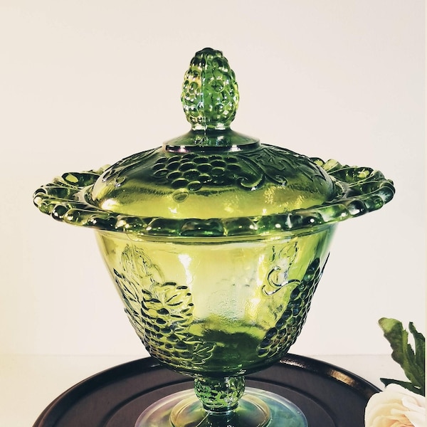 Green Iridescent Glass Grape Glass Berry Bowl with Lid and Pedestal