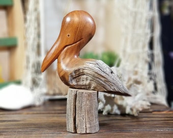 Vintage Hand Carved Driftwood Shorebird/ Pelican Sculpture, Signed by Artist Gaspar Mendoza, Naturalist, Rustic Décor, Summer Cabin Decor