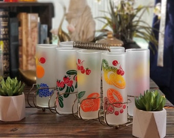 Set of 8 (+1) Vintage Federaĺ Glass Tom Collins Zombie Fruit High Ball Cocktail Frosted Glasses, Retro Barware  *** (Caddy not included)