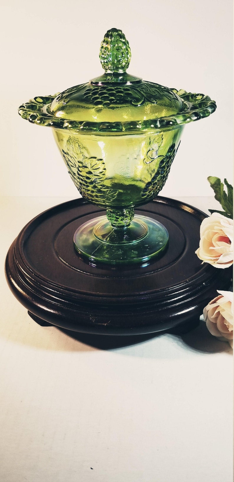 Green Iridescent Glass Grape Glass Berry Bowl with Lid and Pedestal image 1