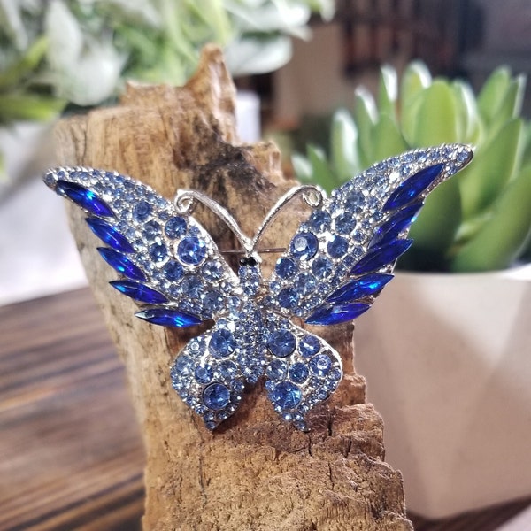 Glamorous and Beautiful  Rhinestone Encrusted Silver Tone Fashion Butterfly Brooch/ Elegant Blue Butterfly Brooch/ Costume Fashion Jewelry