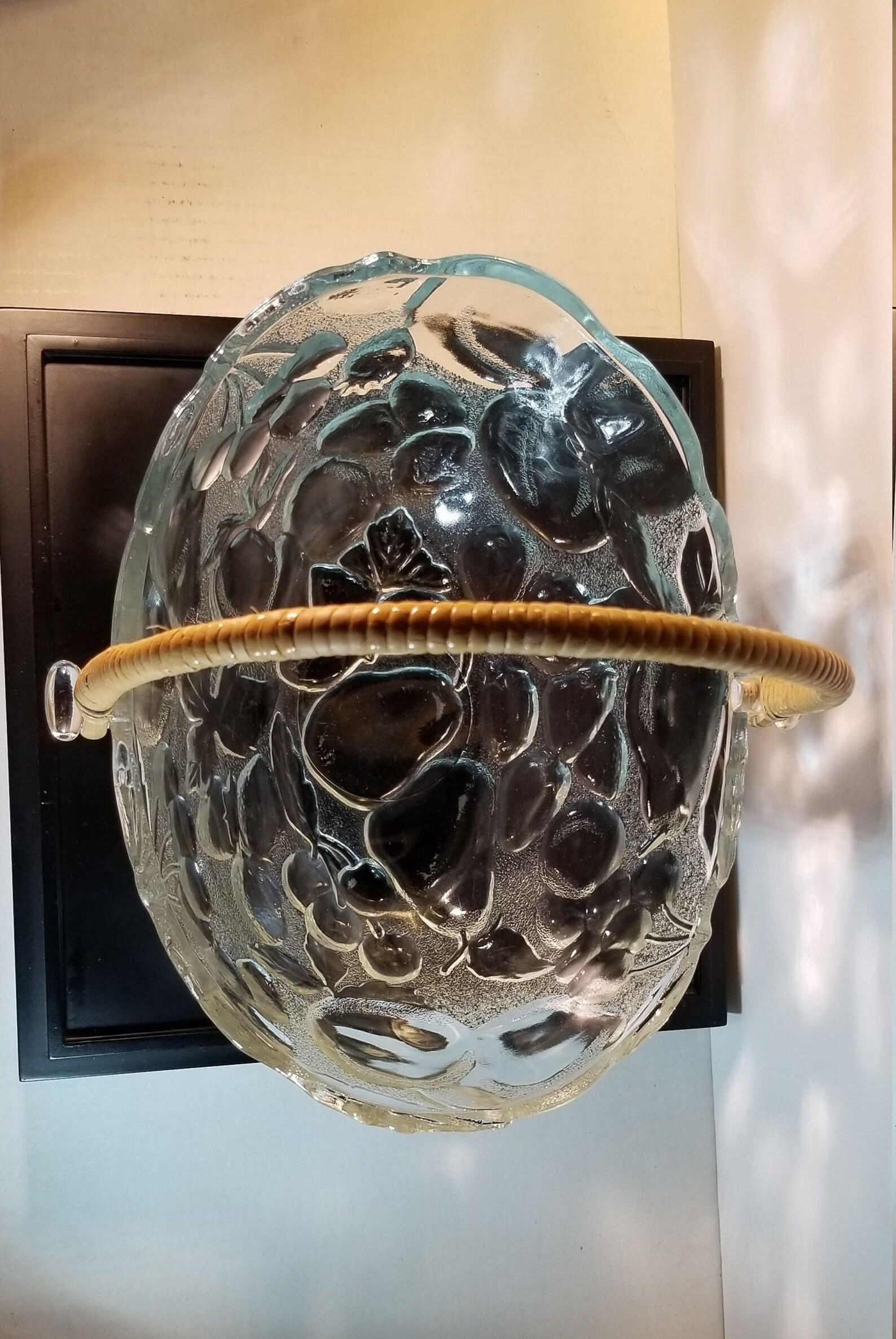 Vintage Glass Embossed Fruit Basket Bowl with Bamboo Rattan Etsy