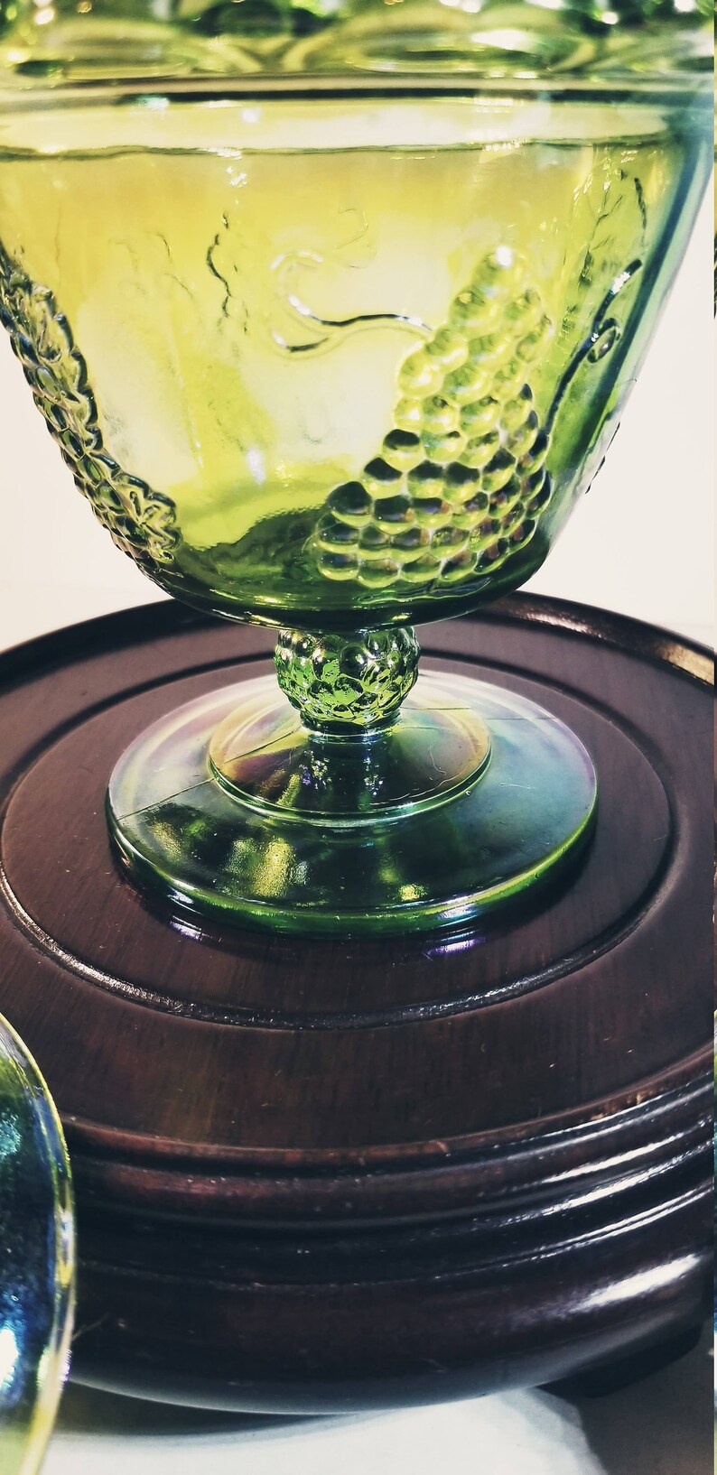 Green Iridescent Glass Grape Glass Berry Bowl with Lid and Pedestal image 3