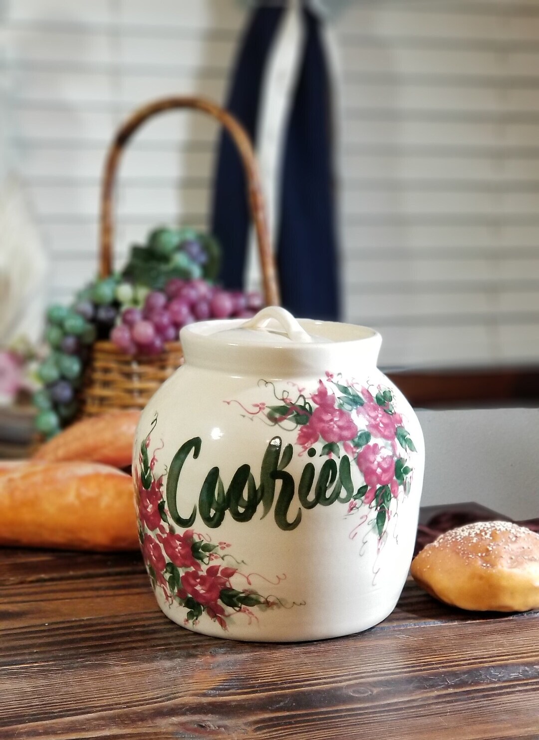 Vintage Hand Painted Stoneware/ Crock Cookie Jar With Lid, Country