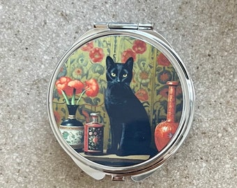 Black Cat Compact Mirror / Purse Mirror / Bridesmaid Gift / Red Poppies Mirror