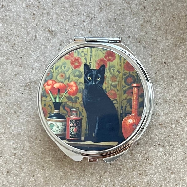 Black Cat Compact Mirror / Purse Mirror / Bridesmaid Gift / Red Poppies Mirror