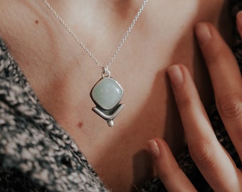 Aventurine Silver 925 Geometric Pendant| Minimal Oxidised Silver Necklace for Her| Green Stone Silver Celestial & Minimal Pendant for Women