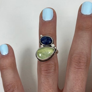 Adjustable Sterling Silver Ring- Prehnite & Sodalite Stones| Silver 925 Boho Ring for Her| Statement Oxidised Recycled Silver Ring for Women