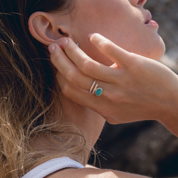 Upcycled Blue Sea Glass in 925 Adjustable Ring| Silver 925 & Recycled Silver Ocean Glass Ring for Her| Summer Lovers 925 Sea Ring to order|