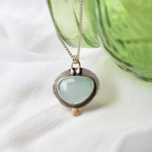 Light Blue Agate 925 Silver Pendant | Gold Dot Amulet Necklace